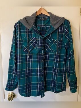 No Boundaries Medium Antique Teal Plaid Hooded Flannel Cotton Shirt Mens
